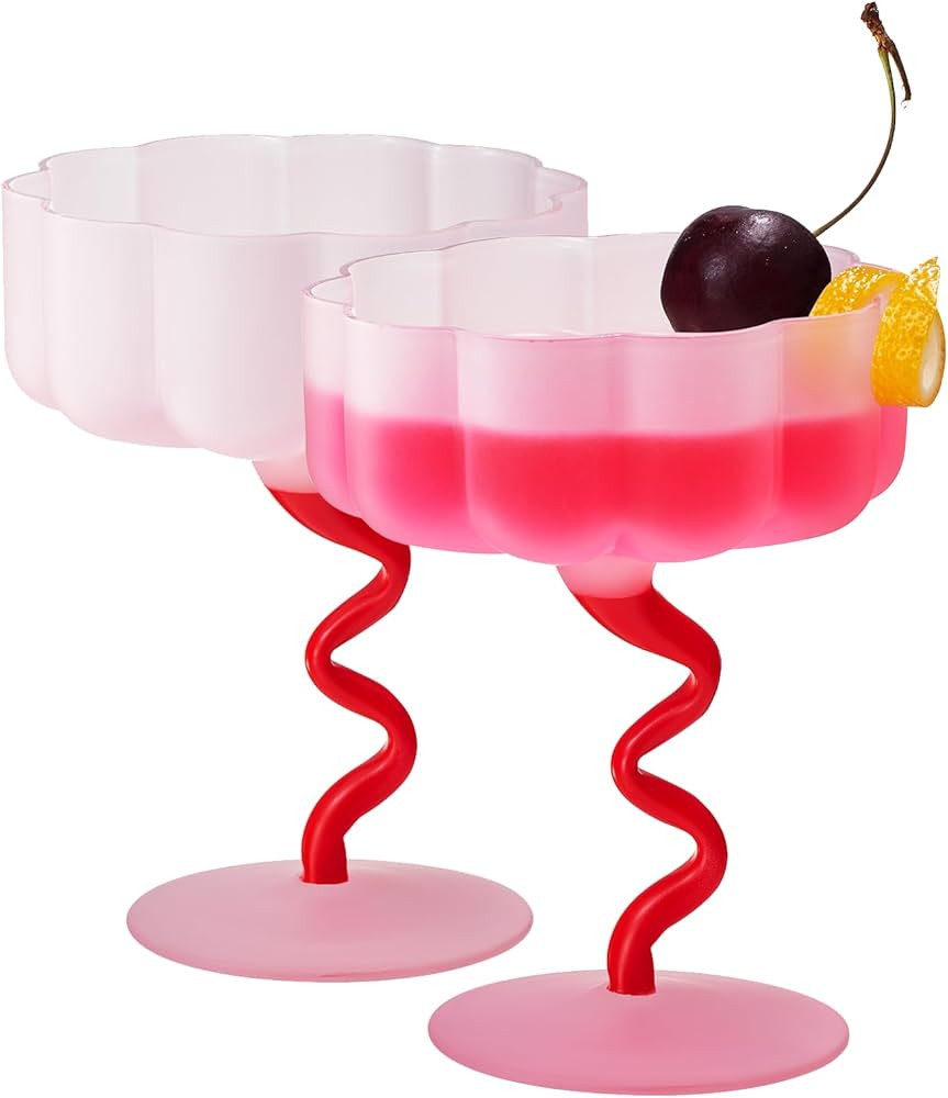 Frosted Colored Unique Coupe Cocktail Glassware | Set of 2 | Pink & Red Colored Pastel Flower Sha... | Amazon (US)