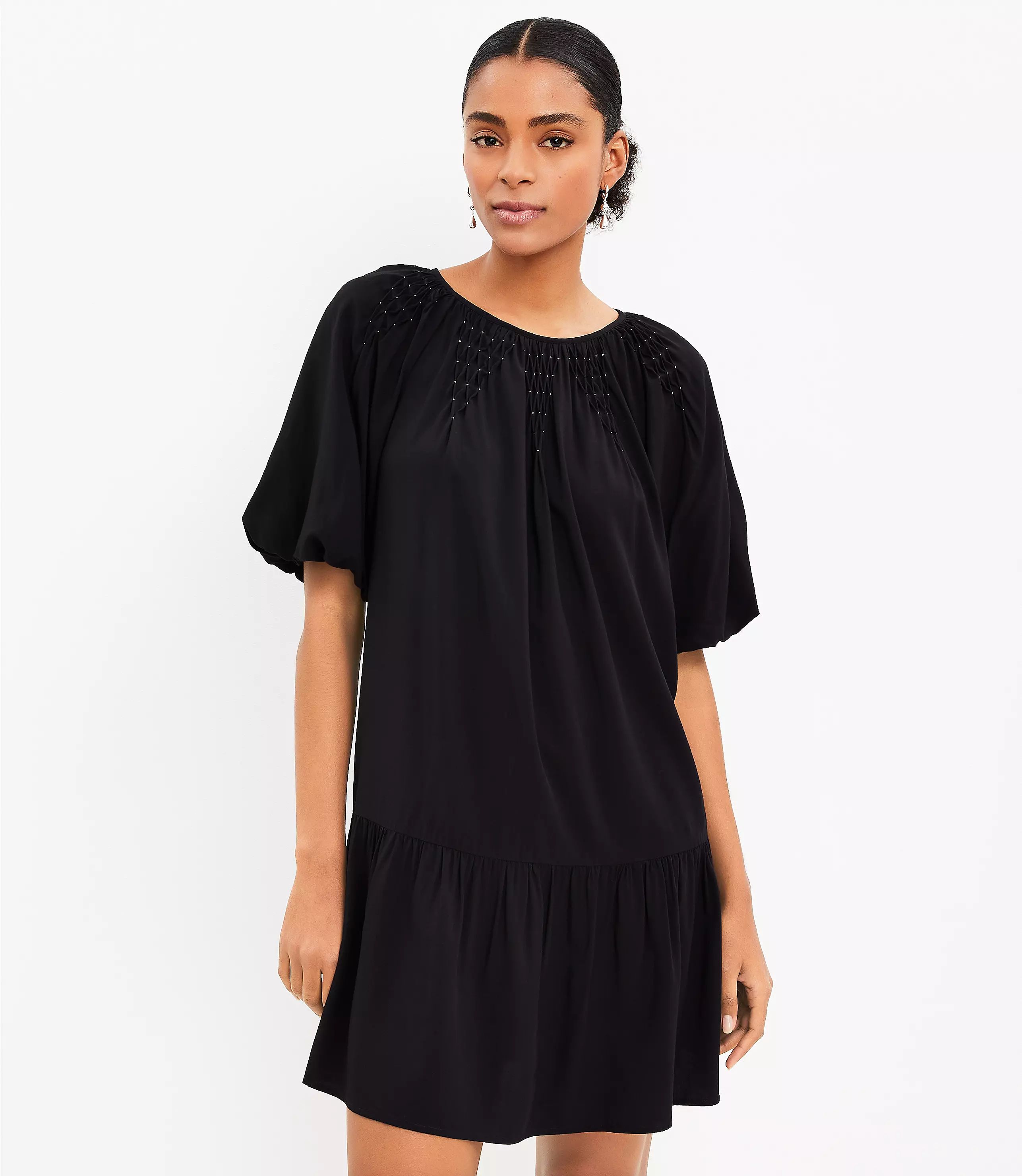 Smocked Pleated Flounce Dress | LOFT