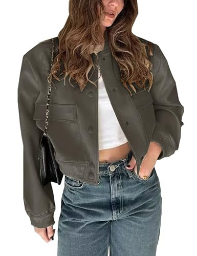 Megfie Womens Bomber Jacket Lightweight with Pockets Button Down Jackets Shackets (0394-DarkGrey-XL) | Amazon (US)