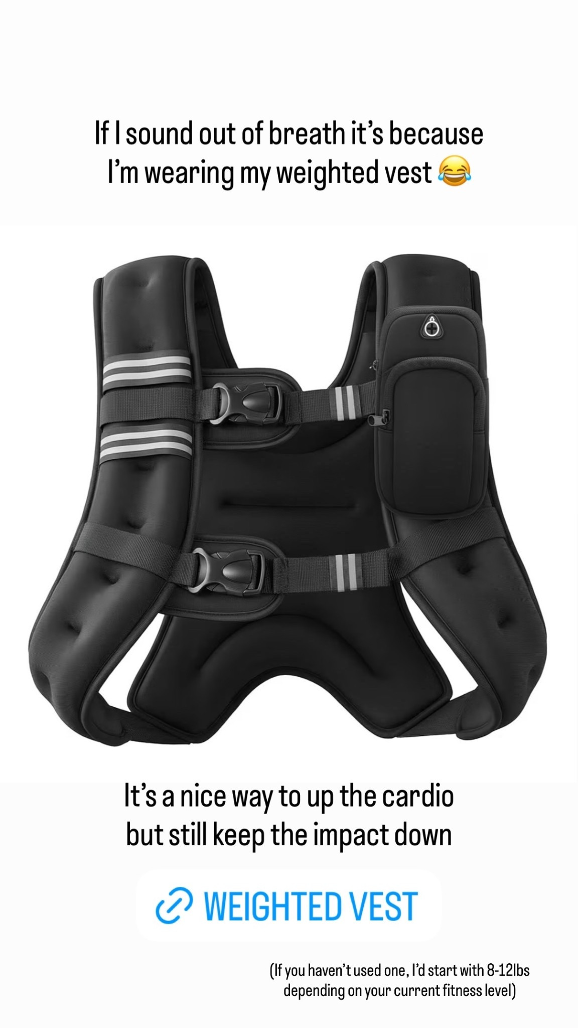 If I sound out of breath it’s because 
I’m wearing my weighted vest 😂 It’s a nice way to up the cardio 
but still keep the impact down (If you haven’t used one, I’d start with 8-12lbs depending on your current fitness level)