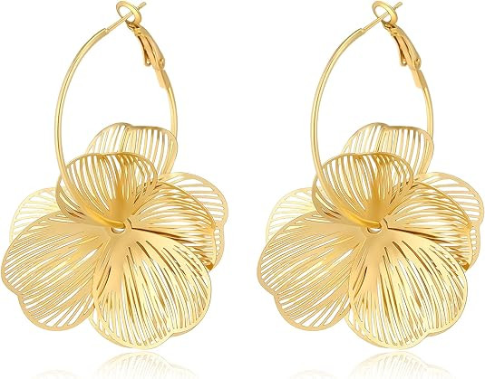 14K Gold Plated Flower Dangle Earrings for Women - Lightweight Hollow Wire Floral Hoop Earrings H... | Amazon (US)