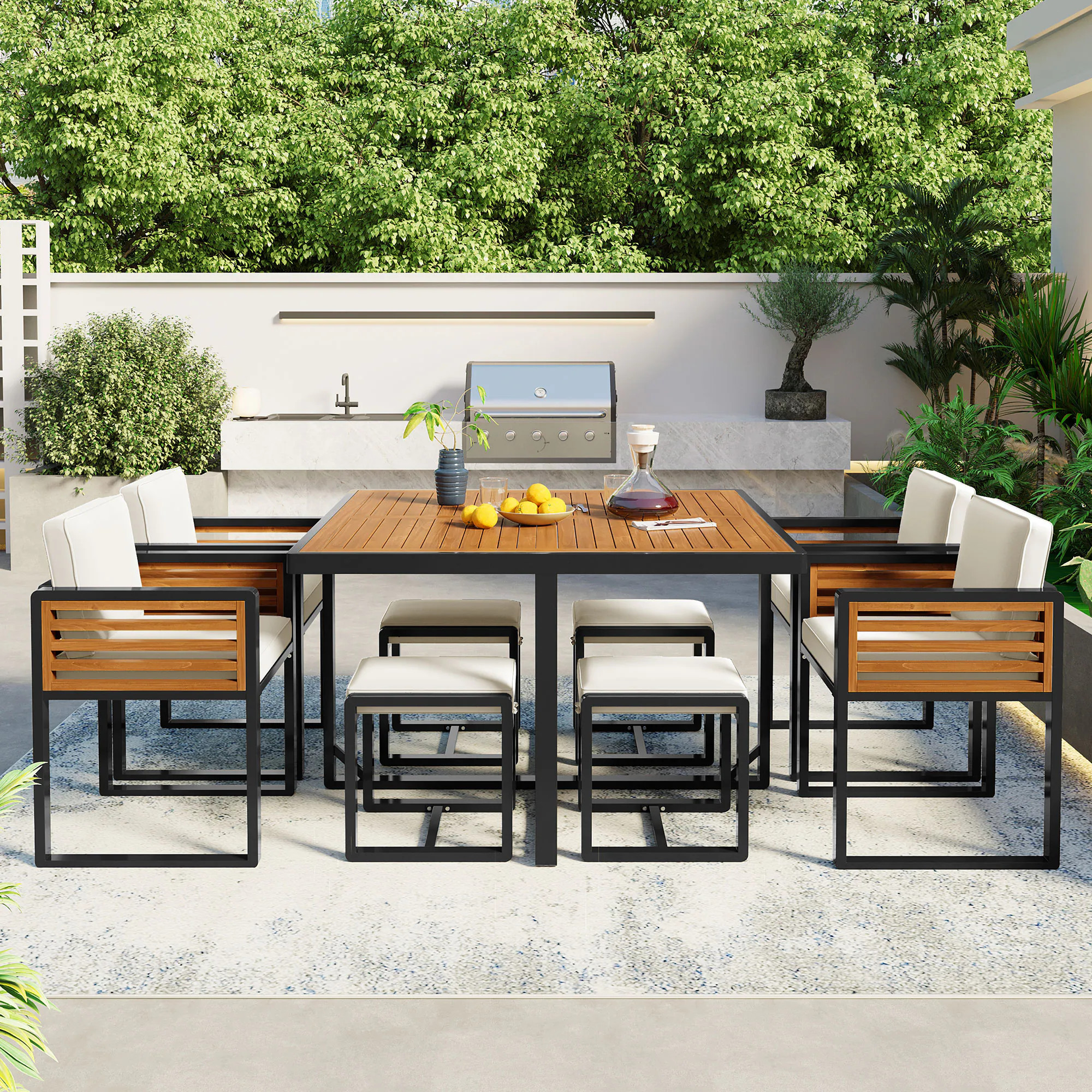 ModernLuxe 9Pieces Acacia Wood Patio Dining Set Space Saving Outdoor Patio Set 4 Cushioned Chairs 4 Ottomans 1 Square Table for Backyard Garden Deck | Lowe's