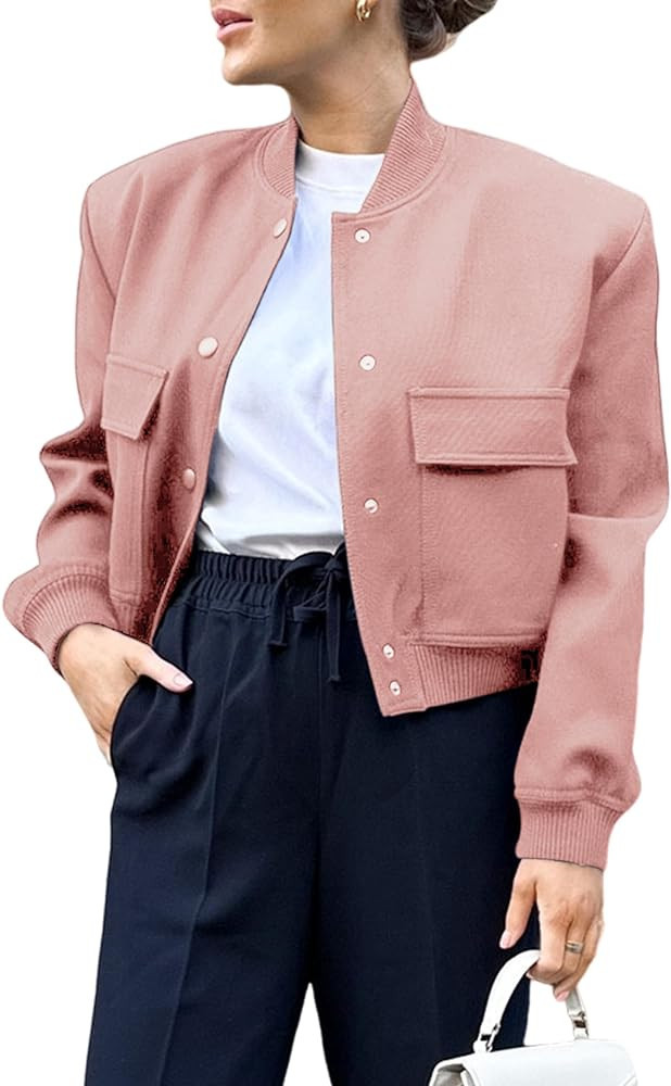 Aedceal Women's Cropped Bomber Jacket Button Down Stand Collar Varsity Coats Outerwears with Pock... | Amazon (US)