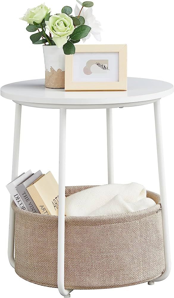 VASAGLE Small Round Side End Table, Modern Nightstand with Fabric Basket, White + Beige | Amazon (US)