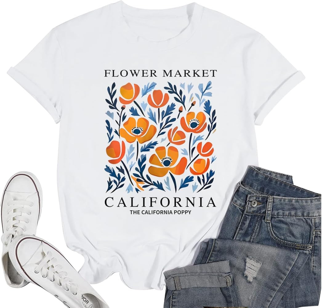 California Poppy Shirt Flower Boho Aesthetic Floral Shirts for Women Vintage Graphic Tees Wildflo... | Amazon (US)