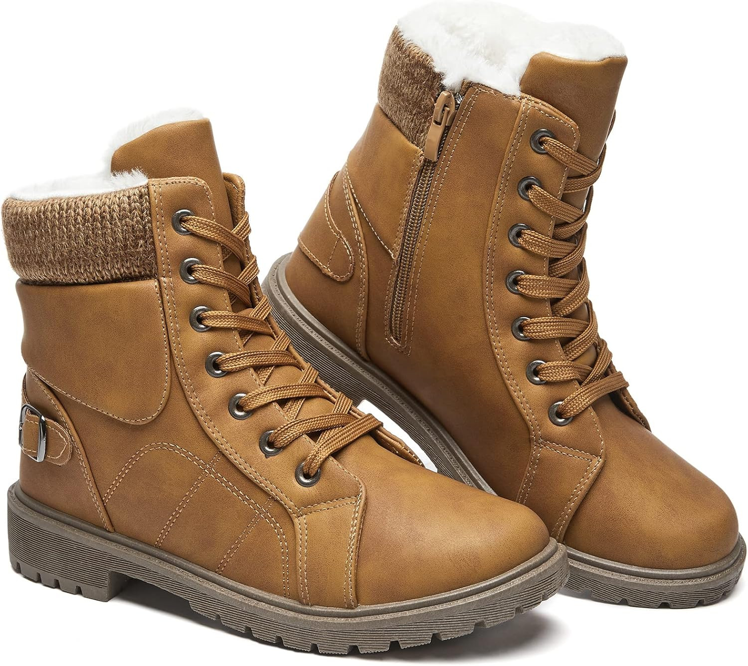 SERNIAL Womens Winter Snow Boots Fur Lined Ankle Boots White Black Side Zipper Booties | Amazon (US)