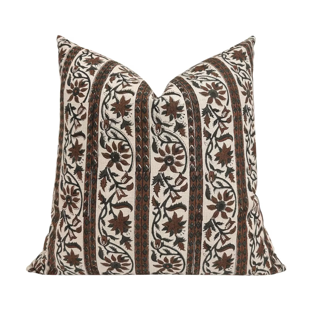 HENDRICK || Designer Floral Linen Pillow Cover, Burgundy Floral, Block Print Pillow, Sofa Pillow,... | Etsy (US)