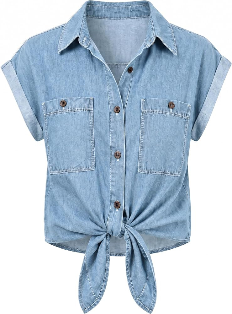 Omoone Womens Denim Shirt Button Down Short Sleeve Chambray Top | Amazon (US)