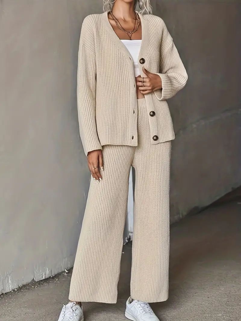 Casual Comfy Two Piece Set V Neck Button Down Cardigan Wide Leg Pants Outfits Womens Clothing | 2... | Temu Affiliate Program