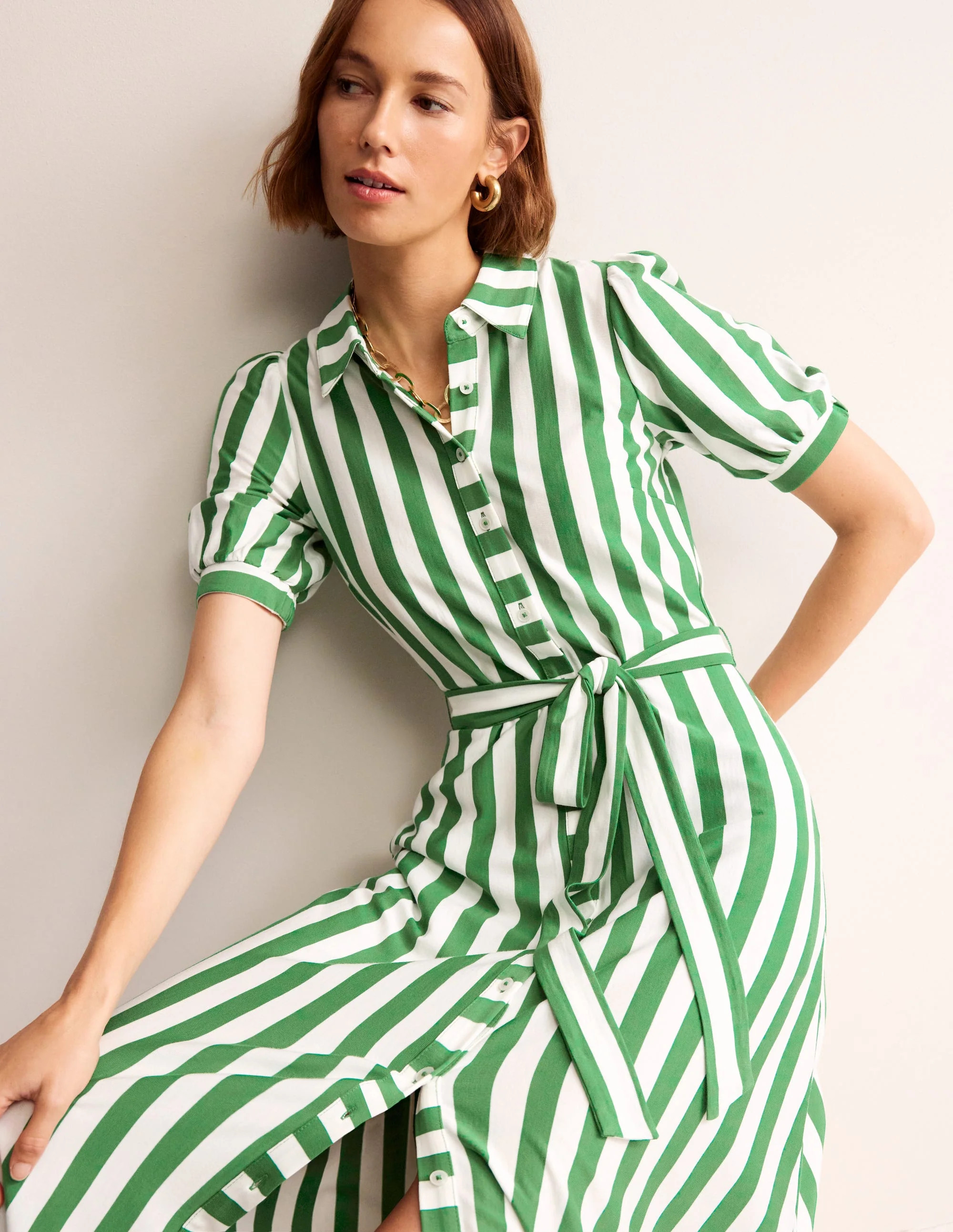 Libby Jersey Midi Shirt Dress-Green, Ivory Stripe | Boden (US)