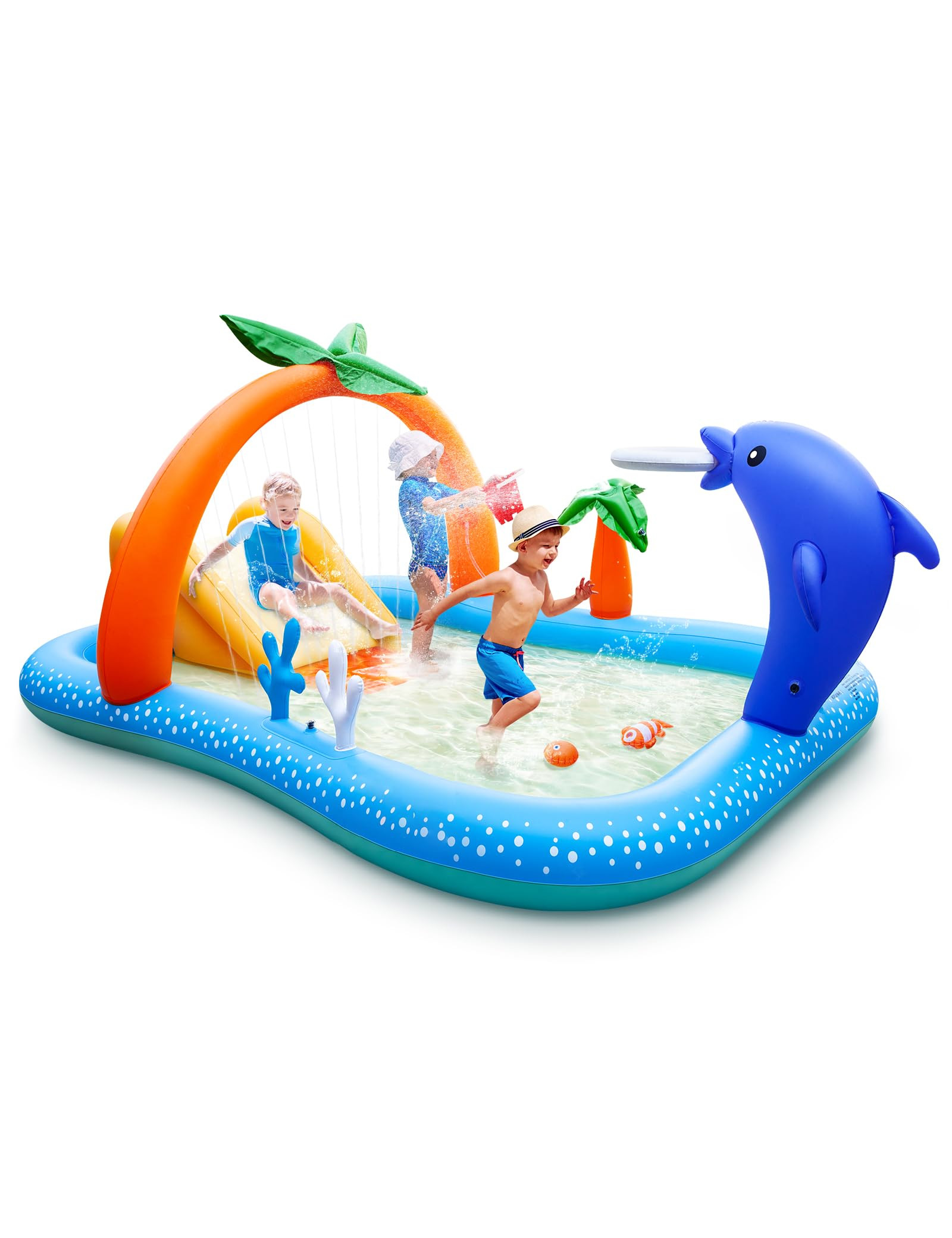 Kiddie Pool with Slide Inflatable Play Center Wading Lounge Kids Pool, Coconut Palm Sprinkler, Wa... | Amazon (US)