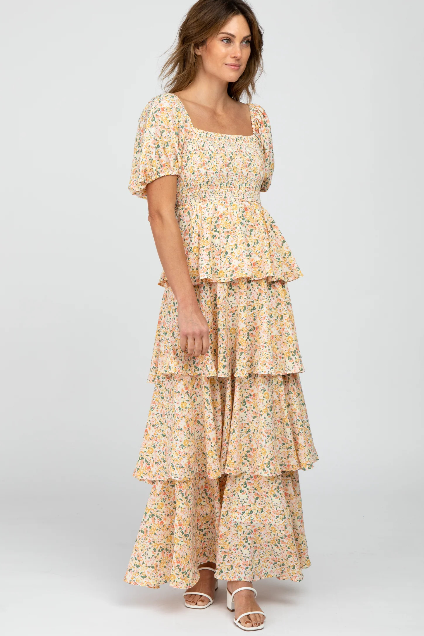 Yellow Floral Square Neck Ruffle Layered Maxi Dress | PinkBlush Maternity