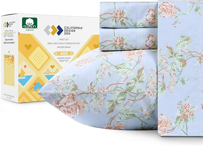 400-Thread-Count 100% Cotton Sheets for Bed - 4-Piece Light Blue Floral Antique Rose King Sheet S... | Amazon (US)