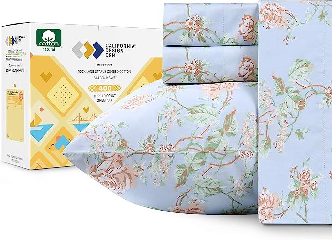 400-Thread-Count 100% Cotton Sheets for Bed - 4-Piece Light Blue Floral Antique Rose King Sheet S... | Amazon (US)