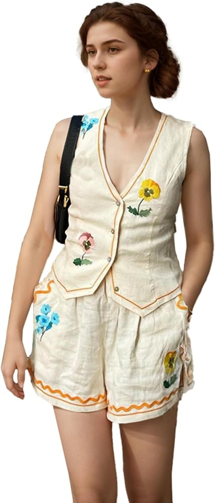 Embroidered Linen 2 Pice Set Button Up Flower Tank Tops Baggy Shorts Summer Party Pants Suit | Amazon (US)
