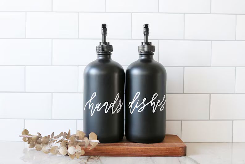 HANDS + DISHES | calligraphy black glass soap dispenser set | farmhouse kitchen | modern kitchen ... | Etsy (US)