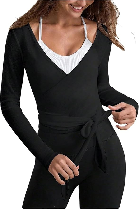 Floerns Women's Wrap Yoga Shirts Long Sleeve Tie Side Workout T Shirts V Neck Dance Going Out Cro... | Amazon (CA)
