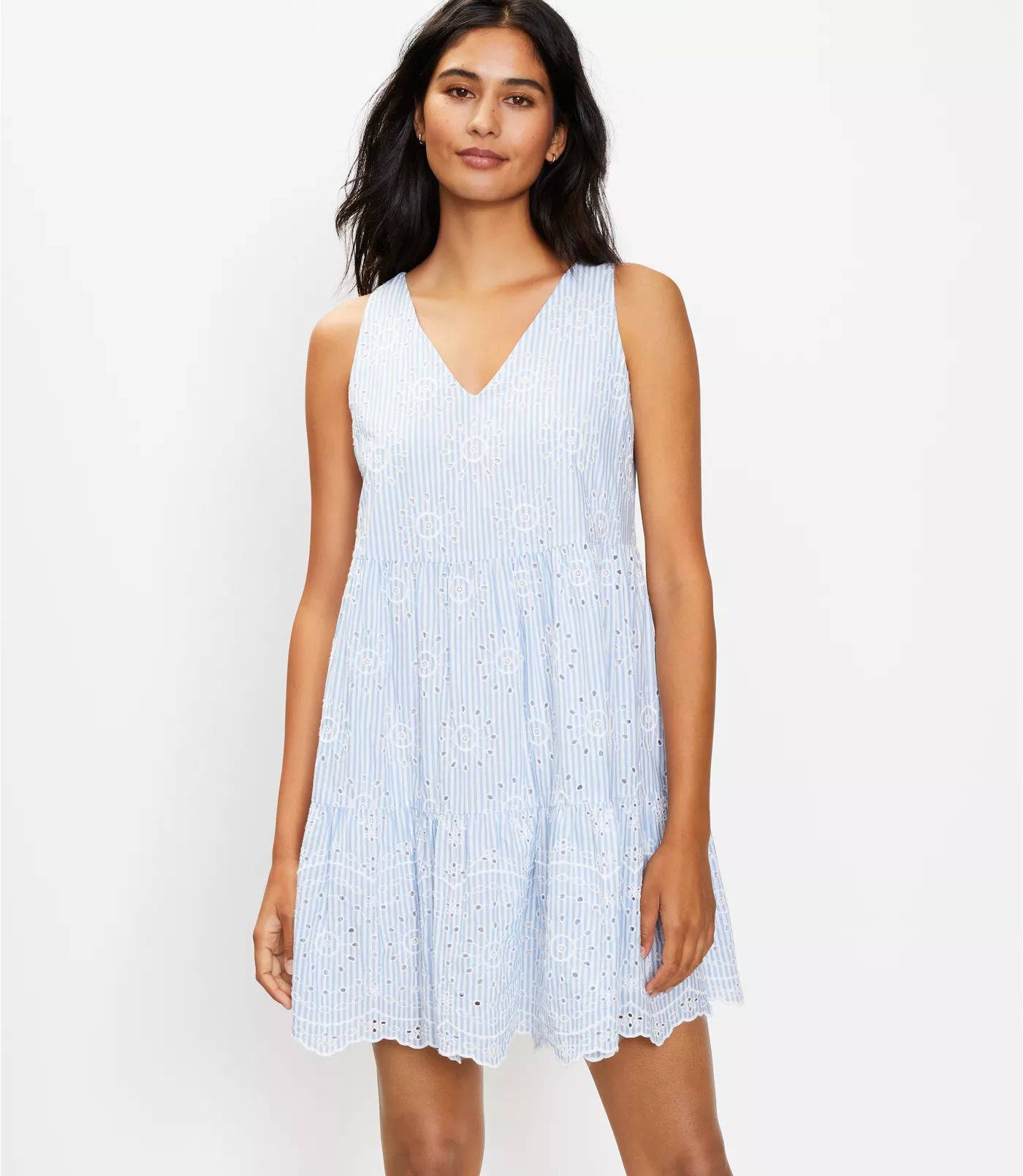 Eyelet Striped Tiered Swing Dress | LOFT