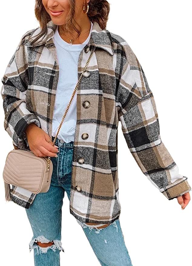 SHEWIN Womens Long Sleeve Plaid Shirts Flannel Lapel Button Down Shacket Jacket Coats | Amazon (US)