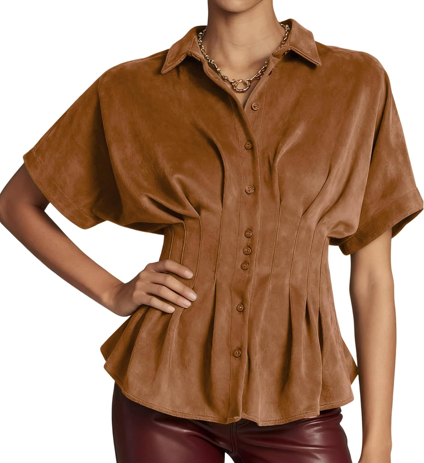 Women's Faux Suede Shirt Button Down Peplum Top Short Sleeve Flared Blouse | Amazon (US)