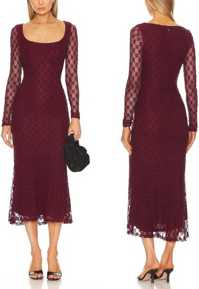 Capuffy Women's Sheer Mesh Long Sleeves Maxi Dress Floral Lace Bodycon Dress Square Neck Mermaid ... | Amazon (US)