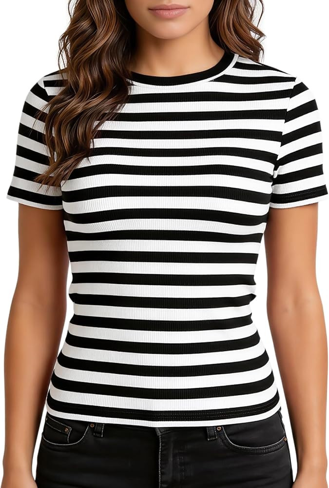 Striped Shirt Women Short Sleeve, Crewneck T-Shirts for Woman Stripes, Fitted Ribbed Tee Stretchy | Amazon (US)