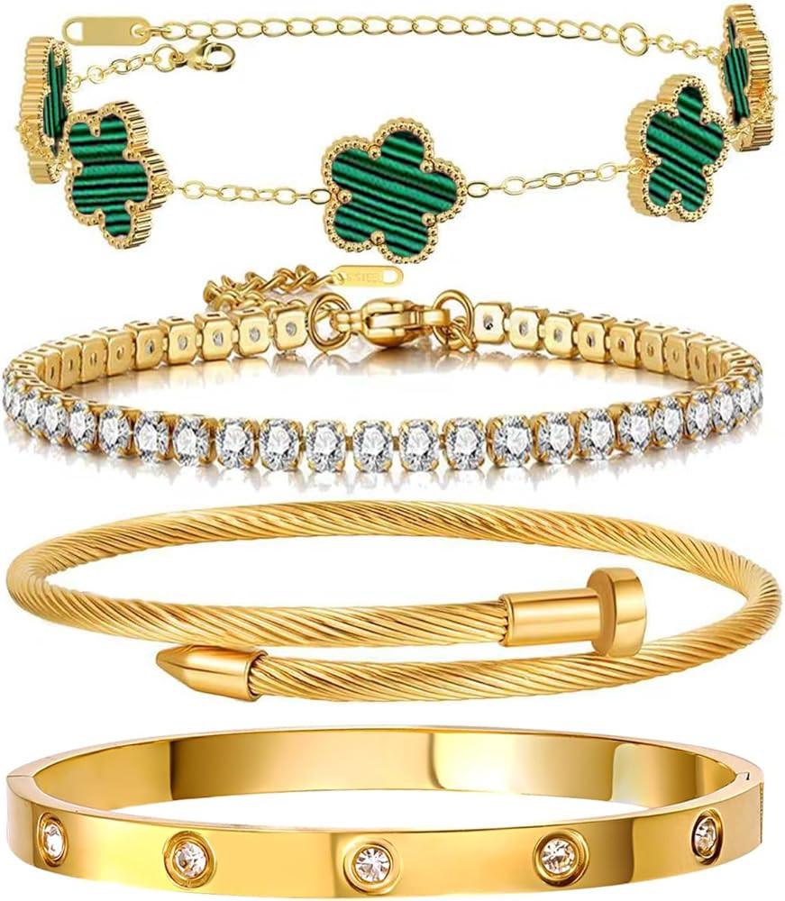 Gold Bracelets for Women, 18K Gold Plated Women Tennis Bracelets Clover Nail Love Bangle Bracelet... | Amazon (US)