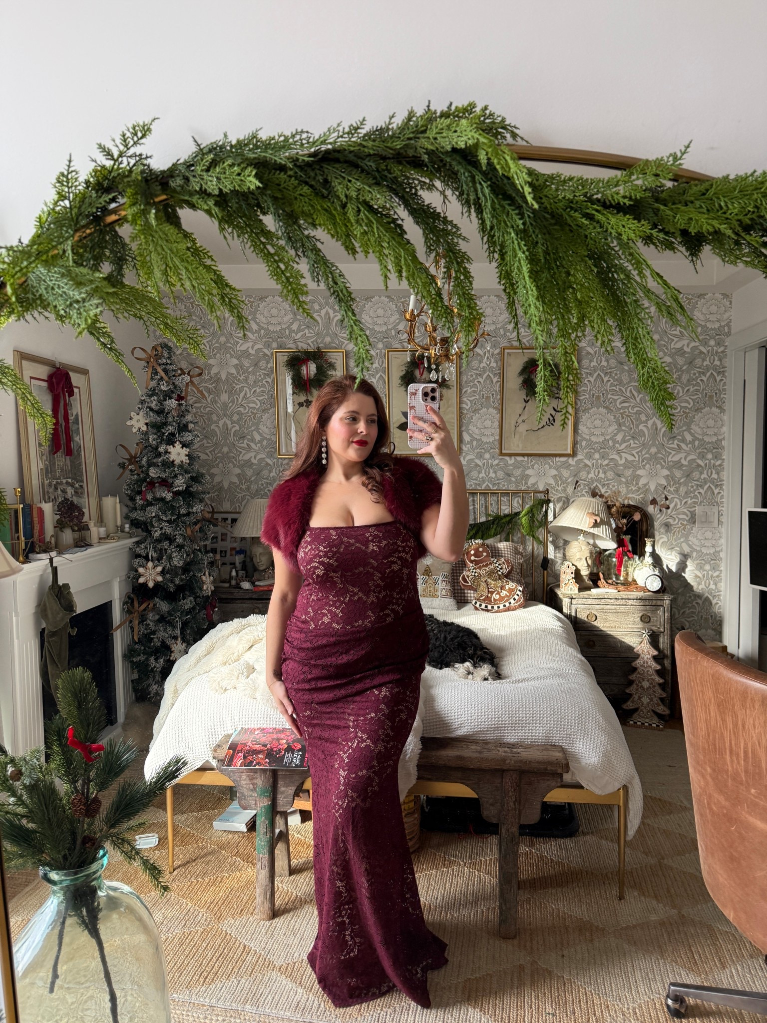 Oh Polly lace maxi dress burgundy 
Faux fur bolero burgundy 

#LTKMidsize #LTKHoliday #LTKGiftGuide