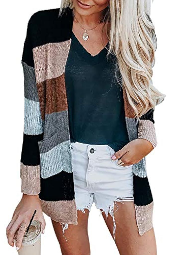 Voghtic Women Long Sleeve Sweater Striped Cardigan Cotton Long Coat Tops Loose Sweatshirt with Pocke | Amazon (US)