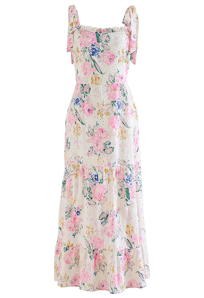 Pink Floral Embroidered Eyelet Tie-Strap Maxi Dress | Chicwish