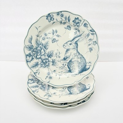 Set 4 Maxcera Blue Toile Easter Bunny Rabbit Scalloped Cabbage Rose Salad Plates | eBay US