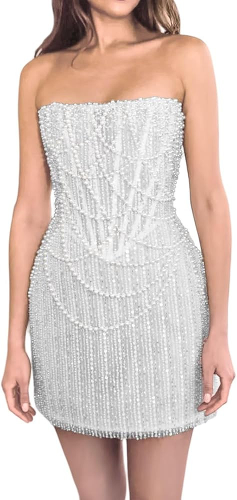 Pearls Beaded Sequins Prom Dresses for Women 2025 Strapless Mini Evening Gowns Formal | Amazon (US)