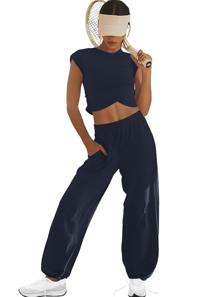 LAMISSCHE Womens Loungewear Set 2 Piece Outfits Sets Cropped Tops and Wide Leg Pants with Pockets... | Amazon (US)