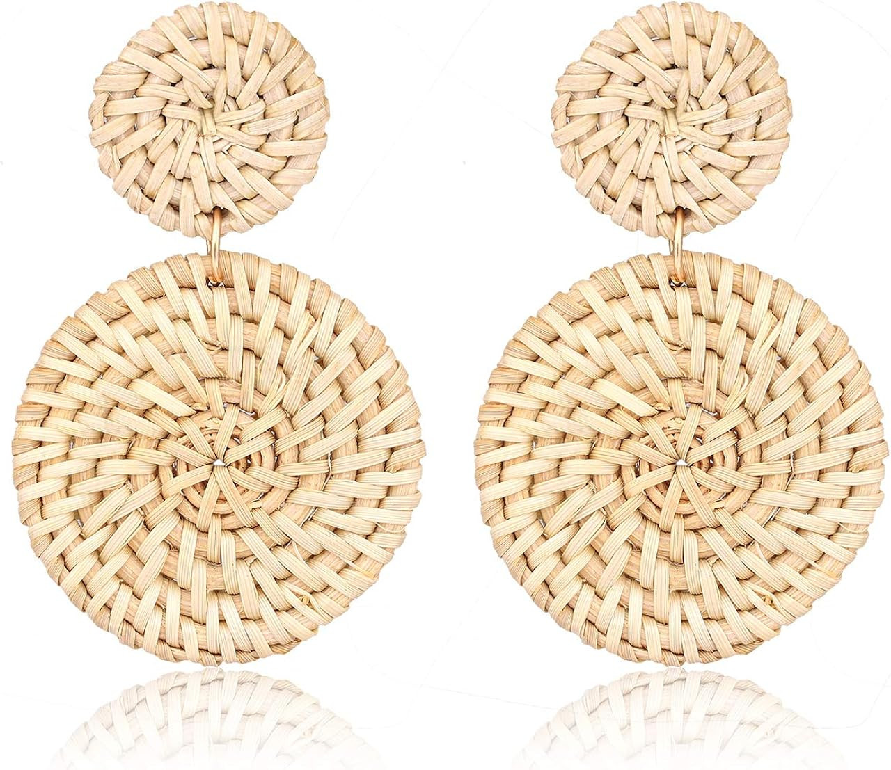 Weave Straw Double Disc Drop Earrings Boho Rattan Dangle Statement Earrings | Amazon (US)