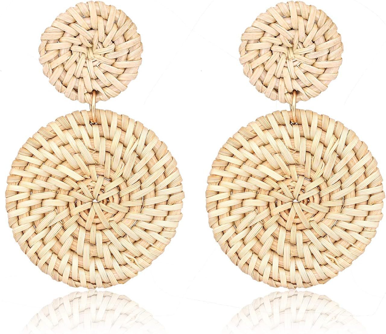 Weave Straw Double Disc Drop Earrings Boho Rattan Dangle Statement Earrings | Amazon (US)