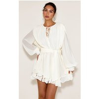 Cream Floaty Tie Detail Long Sleeve Shift Dress | PrettyLittleThing US