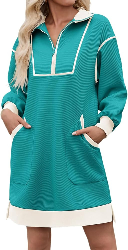 Wenrine Women's Oversized Sweatshirt Dress Half Zip V Neck Long Sleeve Contrast Fall Casual Mini ... | Amazon (US)