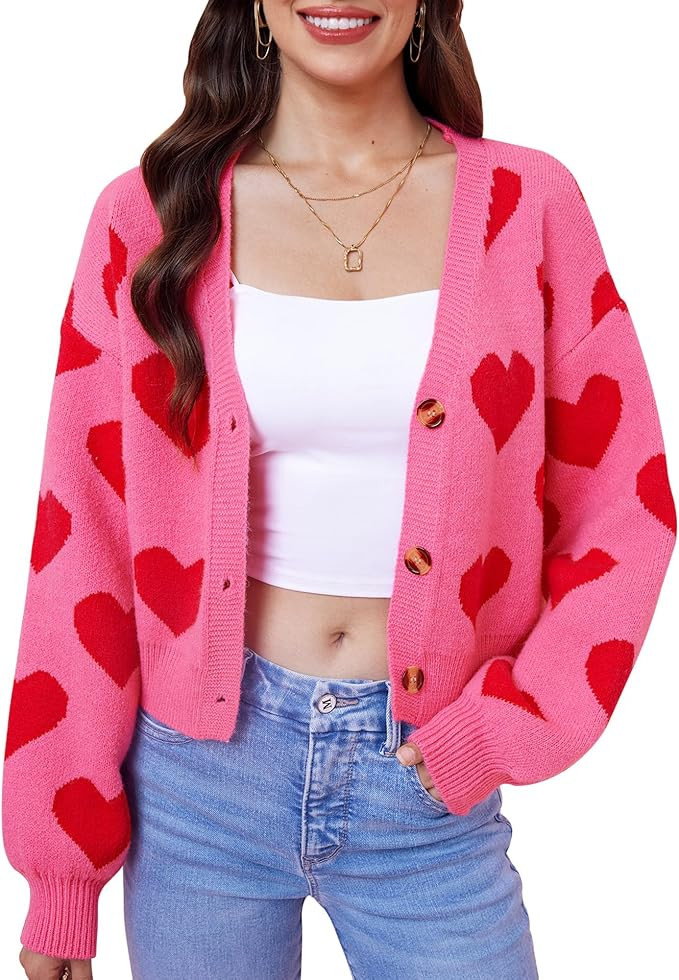 Women's Valentine's Day Cute Y2K Cropped Cardigan Long Sleeve Button Down Heart Sweater | Amazon (US)