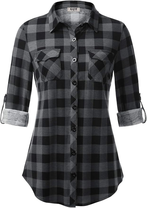 DJT Women’s Roll Up Long Sleeve Collared Button Down Plaid Shirt | Amazon (US)