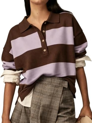 Wyeysyt Polo Sweater Women Rugby Shirt Striped Collared Sweaters | Long Sleeve,Knit Top,Rugby Pol... | Amazon (US)