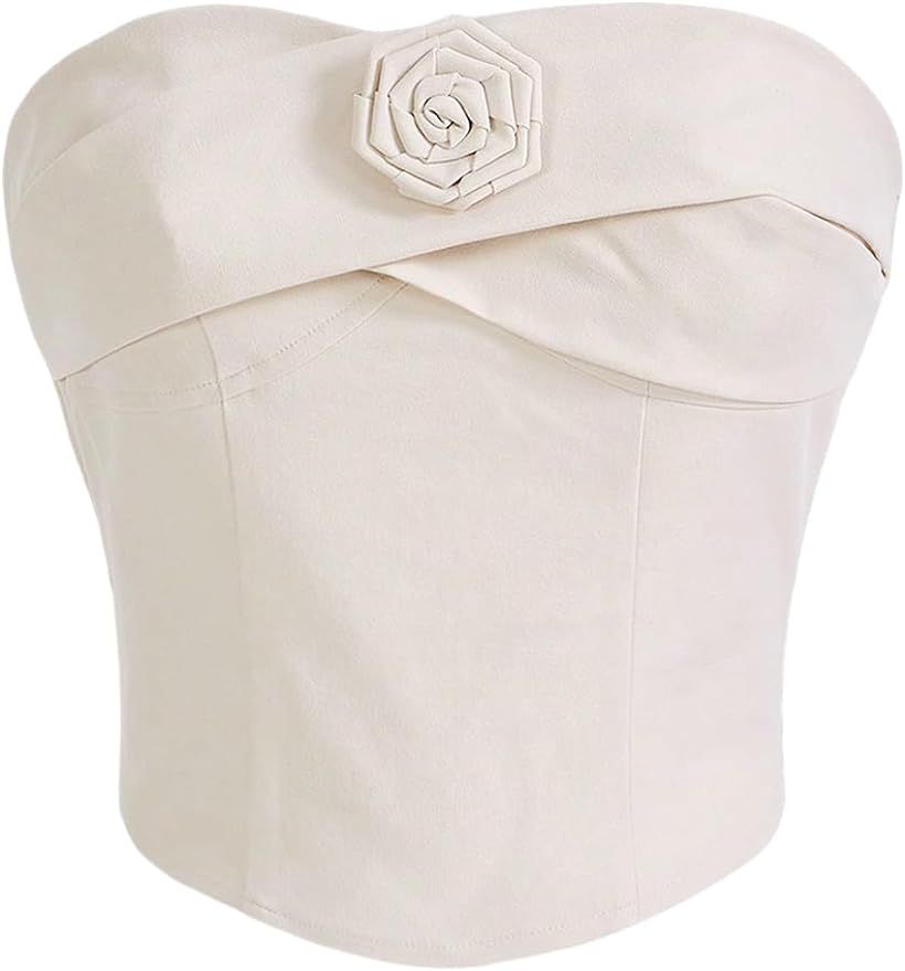 Women's 3D Floral Sleeveless Asymmetrical Hem Bandeau Top Strapless Slim Fit Crop Tube Tops | Amazon (US)