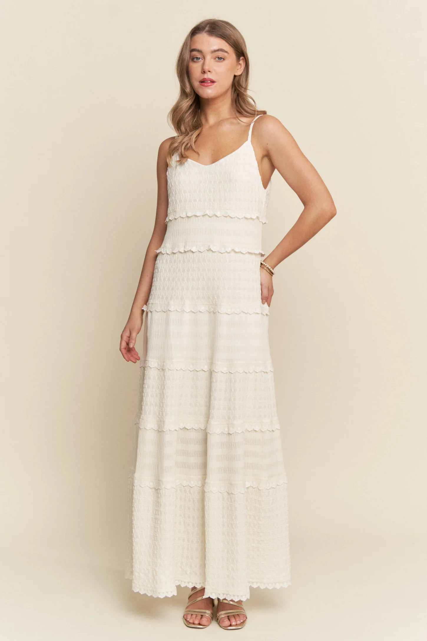 Ivory Textured Tiered Lace Trim Maxi Dress | PinkBlush Maternity
