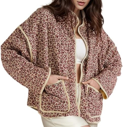 Women's Cropped Puffer Quilted Jacket Vintage Floral Print Open Front Lightweight Short Jacket Ou... | Amazon (US)
