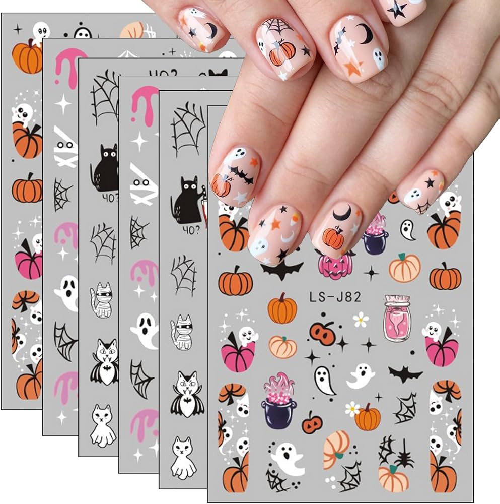 Halloween Nail Art Stickers Cute Ghost Pumpkin 3D Self-Adhesive Nail Decals Bat Cat Skull Designs... | Amazon (US)