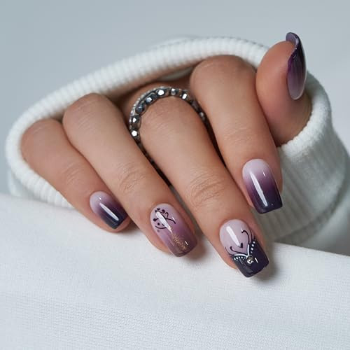 CurvLife Purple Ombre Press On Nails Medium for Women, Square Soft Gel Fake Nails, Nude to Dark Purple Gradient Glue On Nails Kit with Glitter & Rhinestone Design, Salon Quality | Amazon (US)