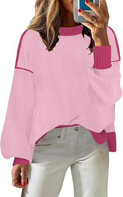 Women's 2024 Crewneck Long Sleeve Loose Oversized Chunky Knitted Pullover Sweater Jumper Tops | Amazon (US)
