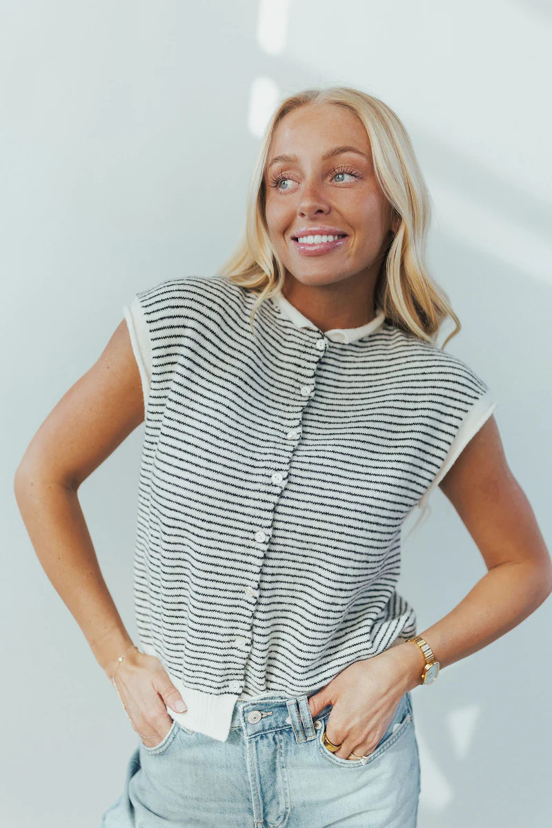 Piper Short Sleeve Cardigan in Black Pinstripe | Henly