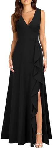 MUSHARE Women's V Neck Sexy Split Cocktail Dress with Pockets Ruffle Party Long Formal Dress | Amazon (US)