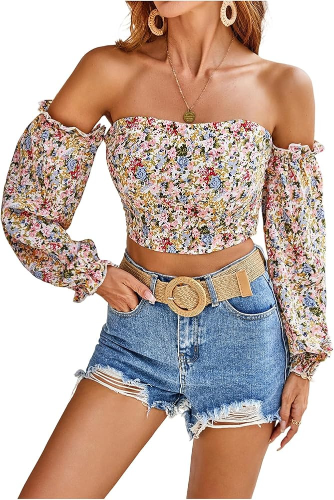MakeMeChic Women's Off The Shoulder Lantern Sleeve Crop Tops Ditsy Floral Boho Blouse Shirt | Amazon (US)