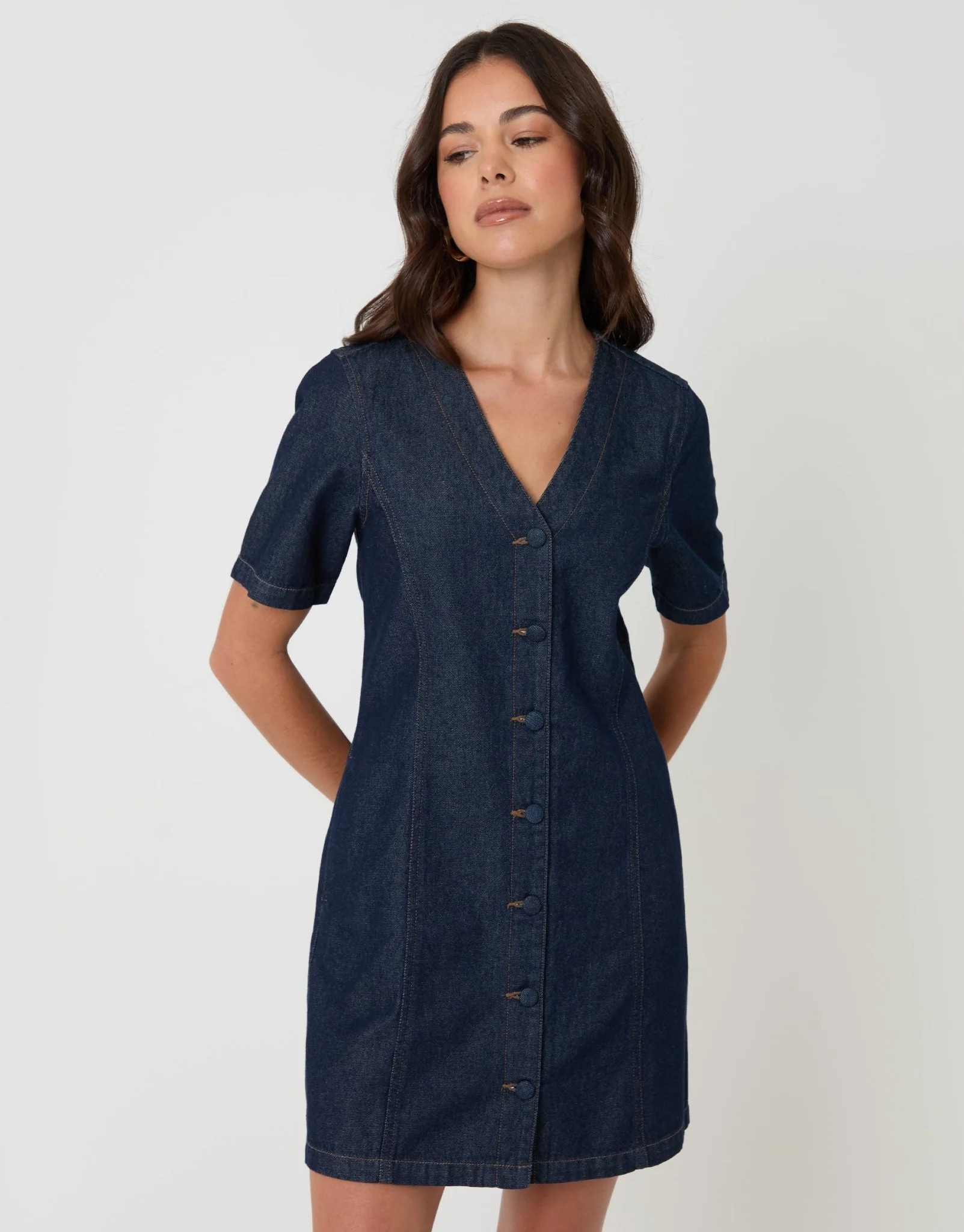 Denim Button Up Mini Dress in Indigo | Threadbare UK